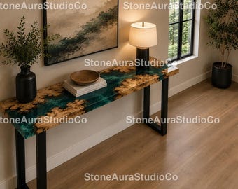 Luxury Emerald River Console Table Live Edge Wood Console Table  Luxury Teal Epoxy Console Table Modern Emerald River Console Table