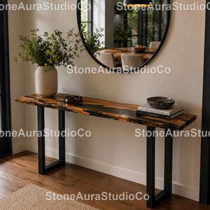 Deep Green Epoxy River console table  Luxury Green Epoxy Console Table Handmade Resin River Table  Natural Wood  Custom Resin Console Table
