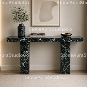 Luxury Green Marble Console Table, Modern Stone Luxury Dark Green Marble Console Table Modern Green Marble Table stone green console table