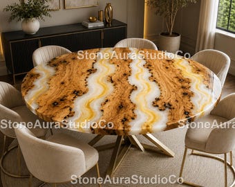 White Resin River Table, Handmade Live Edge Wood Dining Table, Round Epoxy Dining Table, Modern Luxury Wood Table,White Epoxy River Table,