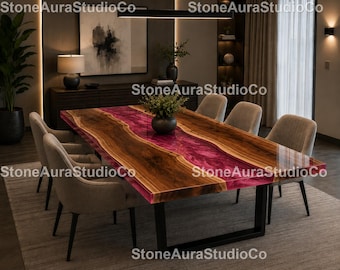 Pink Resin River Dining Table – Handmade Live Edge Wood Dining Table  Live Edge Wood & Pink Epoxy Resin Rectangle Luxury Resin River Table