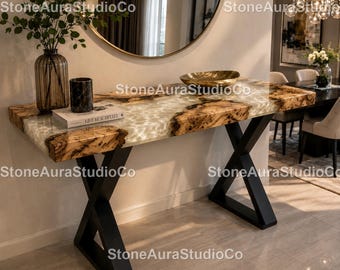 White Resin River Console Table  Luxury White Resin Console Table  Modern White Epoxy River Table  Handmade White Epoxy Console Table