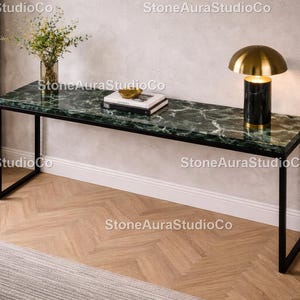 Table console en marbre vert -. Table de canapé en marbre vert foncé - Table console minimaliste Marbre vert Marbre moderne - Plateau en pierre vert foncé