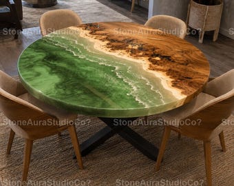 Mesa de comedor de resina epoxi Emerald Ocean / Mesa redonda de madera Beach Wave / Muebles de comedor costeros de lujo Mesa de comedor de resina verde River /