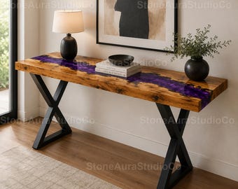Purple Epoxy River Console Table Live Edge Console Table with Purple Resin River table Luxury Epoxy Resin Purple River Console Table