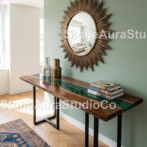 Handmade Live Edge Wood Console Table with Emerald Resin River – Modern Entryway Furniture