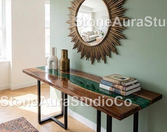 Handmade Live Edge Wood Console Table with Emerald Resin River – Modern Entryway Furniture