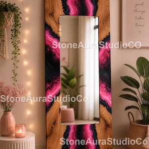 Epoxy Resin Live Edge Wood Wall Mirror Live Edge Wood & Resin Full-Length Mirror Epoxy Resin Wall Mirror Pink Black | Edge Wood Mirror