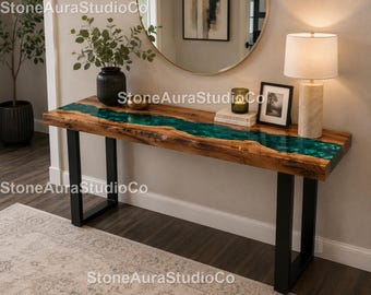 Turquoise Epoxy River Console Table – Handmade Live Edge Wood Table, Ocean Wave Epoxy Table Handmade River  Luxury Resin River Console Table
