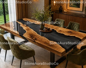Live Edge Olive Wood Dining Table – Black Epoxy River, Modern Rustic Luxury