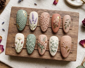 Uñas postizas botánicas verde salvia y terracota / Uñas postizas 3D florales y lavanda / Uñas reutilizables mate estilo bohemio natural / Regalo para ella