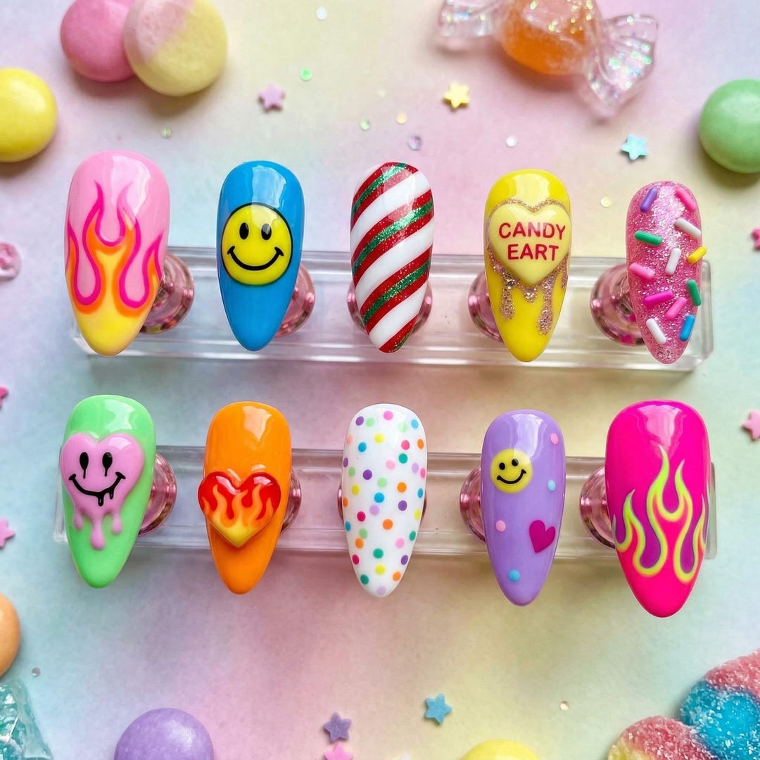 Colorful Candy Press on Nails - Kawaii Kidcore Aesthetic Fake Nails ...