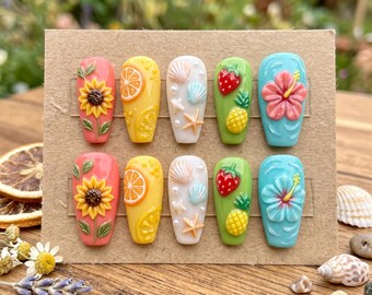 Uñas postizas 3D coloridas de verano / Diseño floral de girasoles e hibiscos / Uñas con diseño de fresas y piñas / Uñas con diseño de conchas marinas de playa