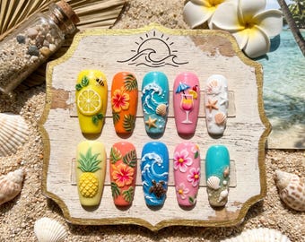 Uñas postizas brillantes para vacaciones de verano / Uñas postizas 3D de limón y concha marina, uñas de gel reutilizables de alta calidad, divertidas uñas de manicura floral con forma de ataúd.