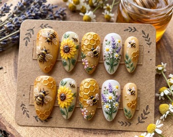 Uñas postizas hechas a mano con temática de girasoles / Uñas postizas elegantes de lavanda y flores silvestres / Uñas con diseño de abeja en 3D, regalo de cumpleaños único para ella.