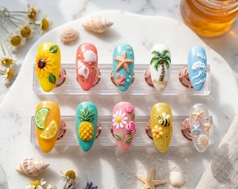 Uñas postizas hechas a mano con diseño de piña y palmera / Uñas postizas con vibrante diseño de olas del océano en 3D / Diseño estético de flores cítricas / Set de regalo de cumpleaños premium