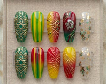 Uñas postizas de Senegal Football / Uñas postizas de la Copa Mundial de Fútbol 2026 / Arte 3D del León Plateado de la Selección Nacional / Uñas hechas a mano en verde, amarillo y rojo