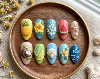 Uñas postizas brillantes para vacaciones de verano / Uñas postizas 3D con estrellas de mar y coral / Uñas de gel reutilizables de alta calidad, manicura divertida con flores y frutas