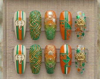 Uñas postizas con la bandera de Costa de Marfil para el Mundial 2026 / Arte con la bandera de Costa de Marfil en naranja y verde / Uñas con elefante y ankh en 3D / Uñas postizas de lujo para aficionados