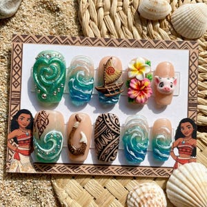 Vaiana-inspirerade press-on-naglar | 3D-hjärta av Te Fiti & Pua lösnaglar | Handgjorda havsvågor och Maui Hook-nagelkonst | Tropiska blommiga naglar
