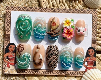 Uñas postizas inspiradas en Moana / Corazón 3D de Te Fiti y Pua / Diseño de uñas hecho a mano con olas del océano y gancho de Maui / Uñas con motivos florales tropicales