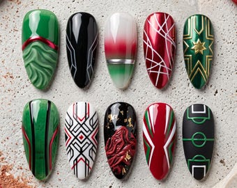 Uñas postizas Jordan Football / Uñas postizas de fútbol del Mundial 2026 / Arte 3D Halcón Dorado de la Selección Nacional / Uñas postizas rojas y blancas hechas a mano