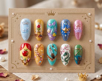 Uñas postizas de princesa de cuento de hadas definitiva / Uñas pintadas a mano con diseño de sirena, rosa y zapatilla de cristal / Uñas de cuento de hadas real con dragón y lámpara mágica