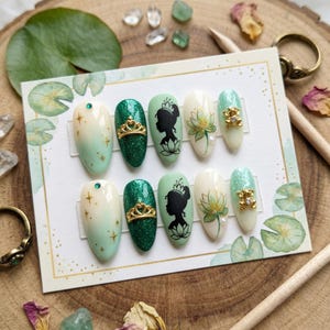 Tiana Inspired Press On Nails, Princess and the Frog Luxury Fake Nails, Mint Green and Emerald Disney Nails with 3D Frog and Crown Charms