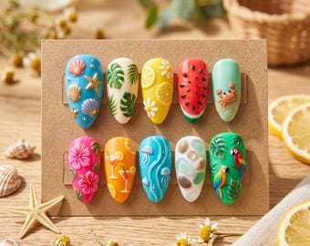 Uñas postizas con diseño de vacaciones tropicales / Uñas postizas 3D con frutas y flores / Diseño de uñas de loro sandía hecho a mano / Lindas uñas postizas de verano con diseño playero