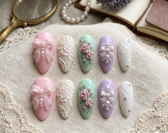 Elegant 3D Bow Press on Nails with Pastel Rose Art | Luxury White Lace Bridal Nails | Pearl Coquette Aesthetic Nails | Romantic Fake Nails