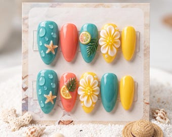 Uñas postizas con diseño de playa tropical / Uñas postizas 3D con estrellas de mar y gotas de agua / Diseño de uñas veraniego floral y frutal hecho a mano / Uñas adorables para vacaciones