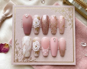 Uñas postizas de lujo color rosa nude / Elegantes uñas postizas 3D con rosas blancas / Diseño de uñas de mármol con lámina dorada hecho a mano / Uñas postizas para novias y bodas