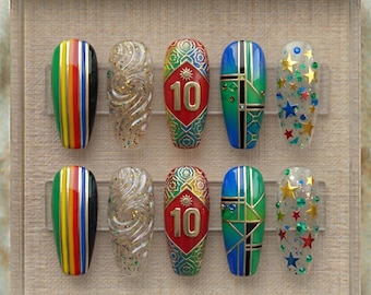 Uñas con la imagen de Sudáfrica en la Copa Mundial 2026 / Diseño de uñas con la bandera de la Nación Arcoíris / Uñas con el número 10 dorado para aficionados / Uñas postizas de lujo y coloridas