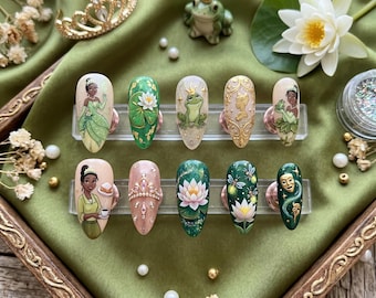 Magical Forest Princess Press on Nails | Hand Painted Frog & Lily Flower Nails | Custom 3D Tiara Detail Nails | Green Gold Fairytale Art