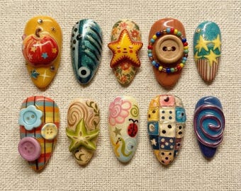Aesthetic Press On Nails | Funky Maximalist 3D Fake Nails | Retro Vintage Button and Dice Glue On Nails | Fun Colorful Custom Gel Nails