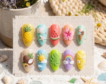 Uñas postizas de verano tropical con frutas en 3D y diseño playero / Uñas con diseño de sandía, piña y coco / Uñas con diseño de vacaciones en una isla con arcoíris en tonos pastel