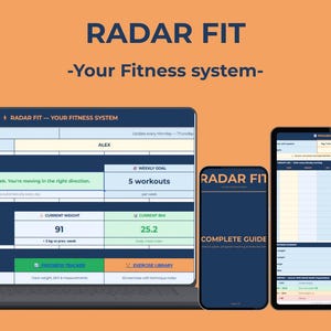 Può includere: Uno sfondo arancione con il testo "RADAR FIT - Your Fitness system-". Un laptop, uno smartphone e un tablet mostrano l'interfaccia dell'app di fitness. Lo schermo del laptop mostra i dati di allenamento.