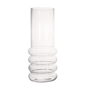 May include: A clear glass vase with a cylindrical top and a decorative, rounded base. The base features three stacked, bulbous rings. The vase is designed for floral arrangements or decorative display.