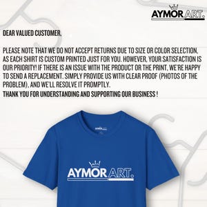 May include: A royal blue short-sleeved t-shirt featuring the white text AYMOR ART. with a crown icon above the letter M. The image includes a customer service notice regarding custom print policies and return information for the brand.