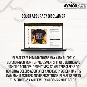 May include: A laptop screen displaying an Etsy product page for a black t-shirt with a cat graphic and the text BORN TO DILLY DALLY FORCED TO LOCK IN. Above the screen is the text AYMOR ART and COLOUR ACCURACY DISCLAIMER, with a detailed text block below.