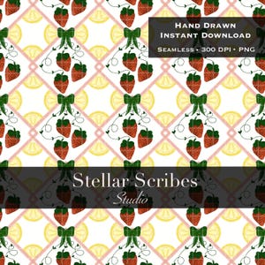 May include: A seamless pattern featuring red strawberries with green stems and bows, arranged on a white background with yellow lemon slices and pink diamond grid lines. The text "Hand Drawn Instant Download" and "Stellar Scribes Studio" are also visible.