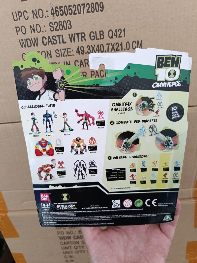 May include: A Ben 10 Omniverse action figure package. The package features illustrations of various characters and the Omnitrix device. The dimensions of the box are 19.4 inches x 16 inches x 8.3 inches. The package includes 10 figures.