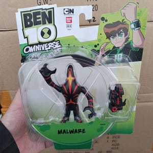 May include: A Ben 10 Omniverse action figure of Malware, a black and red alien character, packaged in a clear plastic blister pack. The packaging features the Ben 10 logo, character art, and the text "MALWARE".
