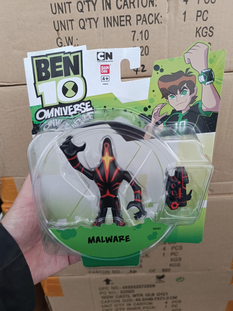May include: A Ben 10 Omniverse action figure of Malware, a black and red alien character, packaged in a clear plastic blister pack. The packaging features the Ben 10 logo, character art, and the text "MALWARE".