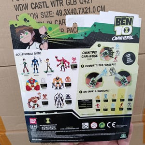 May include: A Ben 10 Omniverse action figure package. The package features illustrations of various characters and the Omnitrix device. The dimensions of the box are 19.4 inches x 16 inches x 8.3 inches. The package includes 10 figures.