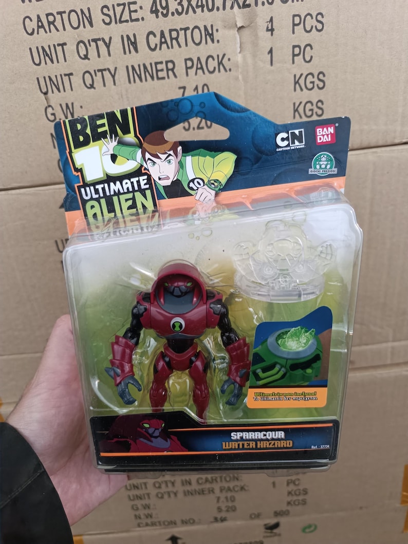 May include: A Ben 10 Ultimate Alien Sparrccour Water Hazard action figure in a clear plastic package. The figure is primarily red and black with a green emblem. The packaging features the Ben 10 logo and Cartoon Network branding.