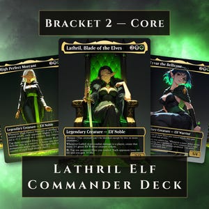 May include: A collection of five trading cards featuring fantasy elf characters with black and green colour schemes. The central card displays Lathril, Blade of the Elves, sitting on a throne. Text includes Lathril, Blade of the Elves, High Perfect Morcant, Tyvar the Bellicose, and Lathril Elf Commander Deck.
