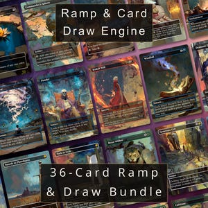 Paquete de cartas proxy de aceleración y robo para Commander / 36 cartas básicas de EDH / Sol Ring, Rhystic Study, Demonic Tutor (arte personalizado)