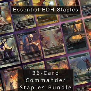 May include: A collection of 36 Magic: The Gathering trading cards arranged in a grid, featuring various fantasy illustrations and text. The image includes two black rectangular overlays with the white text Essential EDH Staples and 36-Card Commander Staples Bundle.