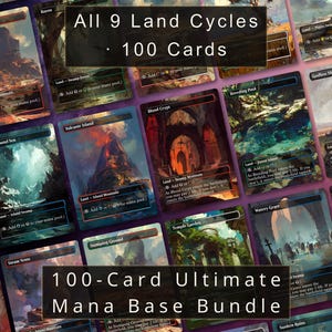 May include: A collection of 100 Magic: The Gathering trading cards featuring all 9 land cycles with full-art illustrations. The cards display various landscapes including volcanoes, swamps, and ruins. Text overlays read All 9 Land Cycles 100 Cards and 100-Card Ultimate Mana Base Bundle.